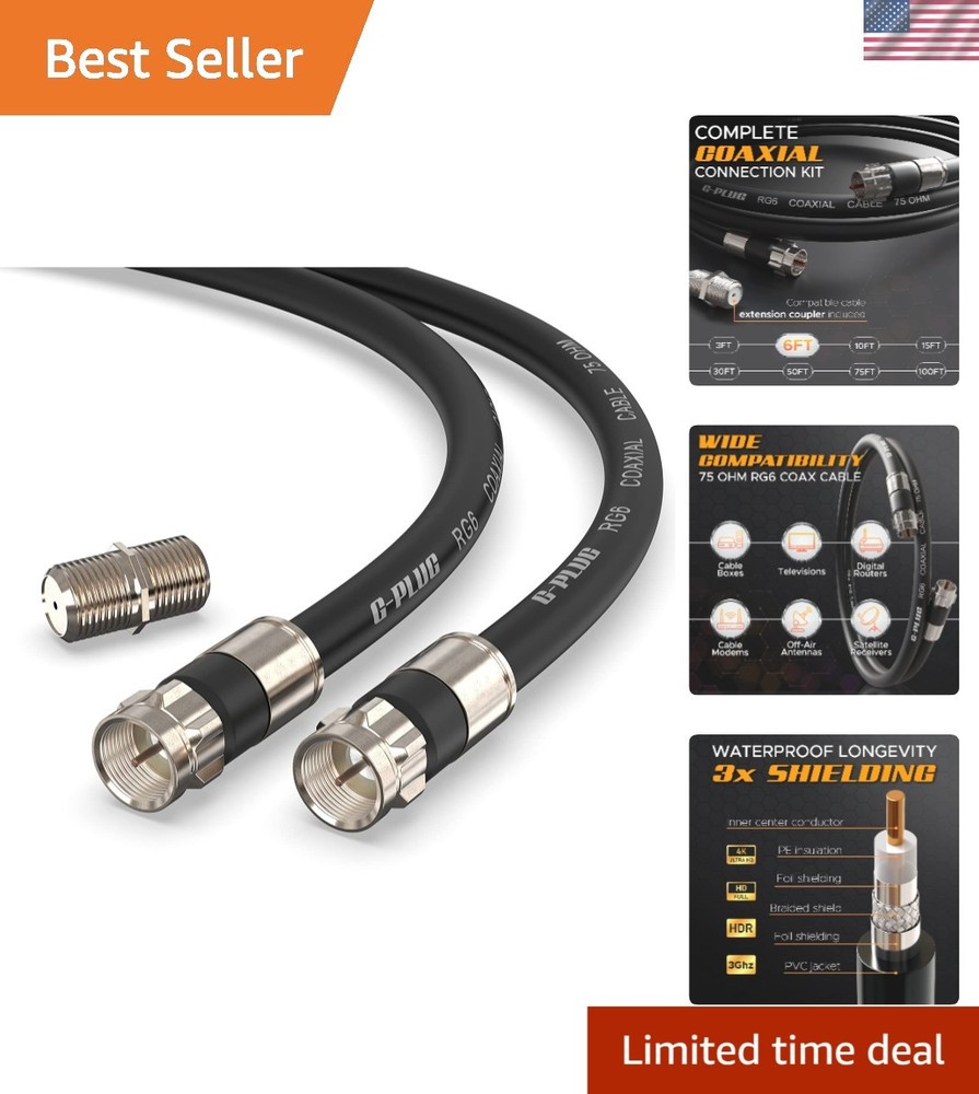 6FT RG6 Coaxial Cable with F-type Male Connectors - Perfect for TVs & Modems