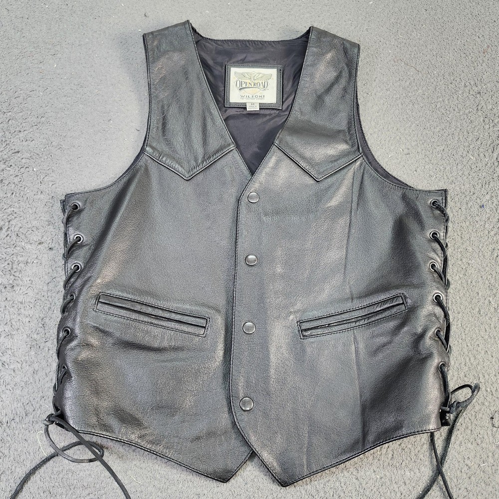 Wilsons Leather Open Road Vest Mens Medium Black Biker Motorcycle Side Lace