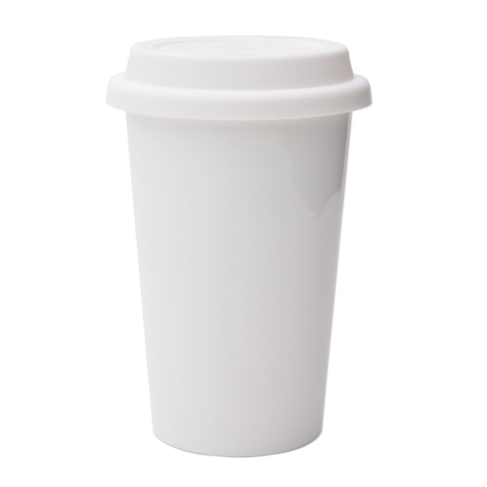 Reusable Double Wall Insulated White Ceramic Travel Coffee Cup With Lid & Sleeve