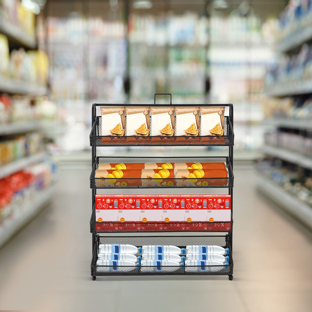 4 Tiers Display Rack Stand Iron Retail Snacks Food Candy Shelf Organizer Black
