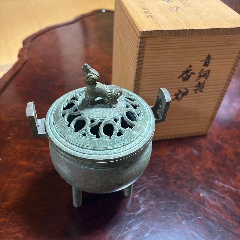 Bronze Incense Burner 3.9 in Shishi Lion Vintage Japanese Censer Sculpture Decor