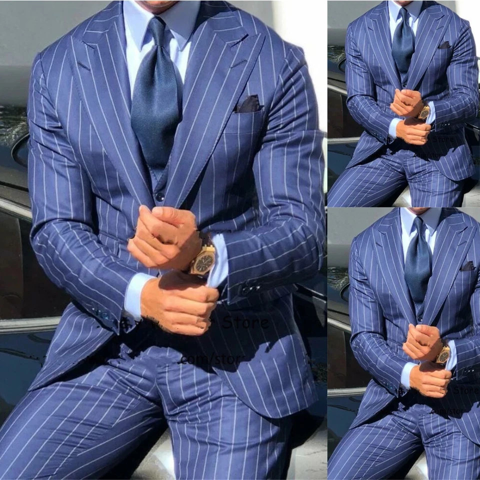 Blue Striped Men Suits Formal Wedding Groom Tuxedo Peak Lapel Business 2 Piece