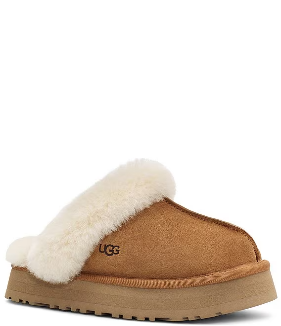 SALE UGG Disquette Chestnut Suede Fur Platform Slippers Size 7 –NIB