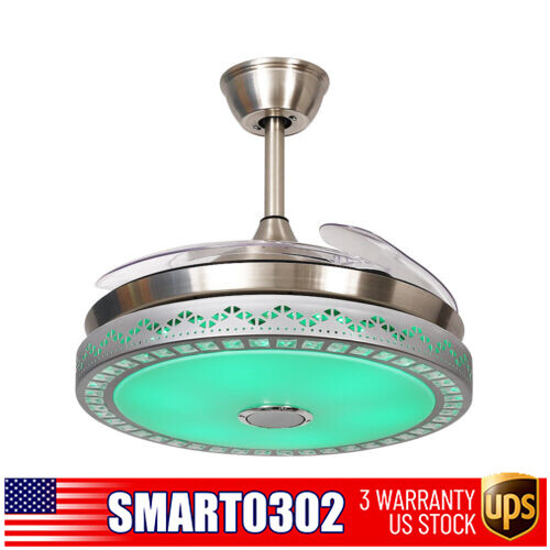 Retractable Ceiling Fan w/ LED Light and Bluetooth Speaker 3 Changing Color USA