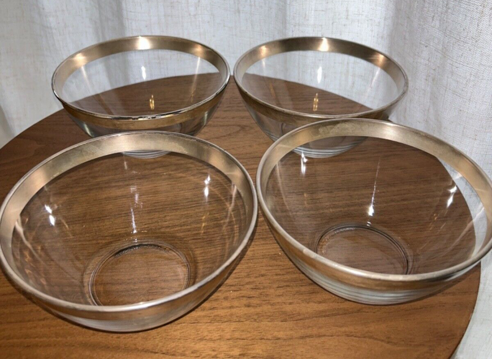 SET OF 4-Vintage 1950s Arcoroc French Clear Glass Bowl with Silver Rim