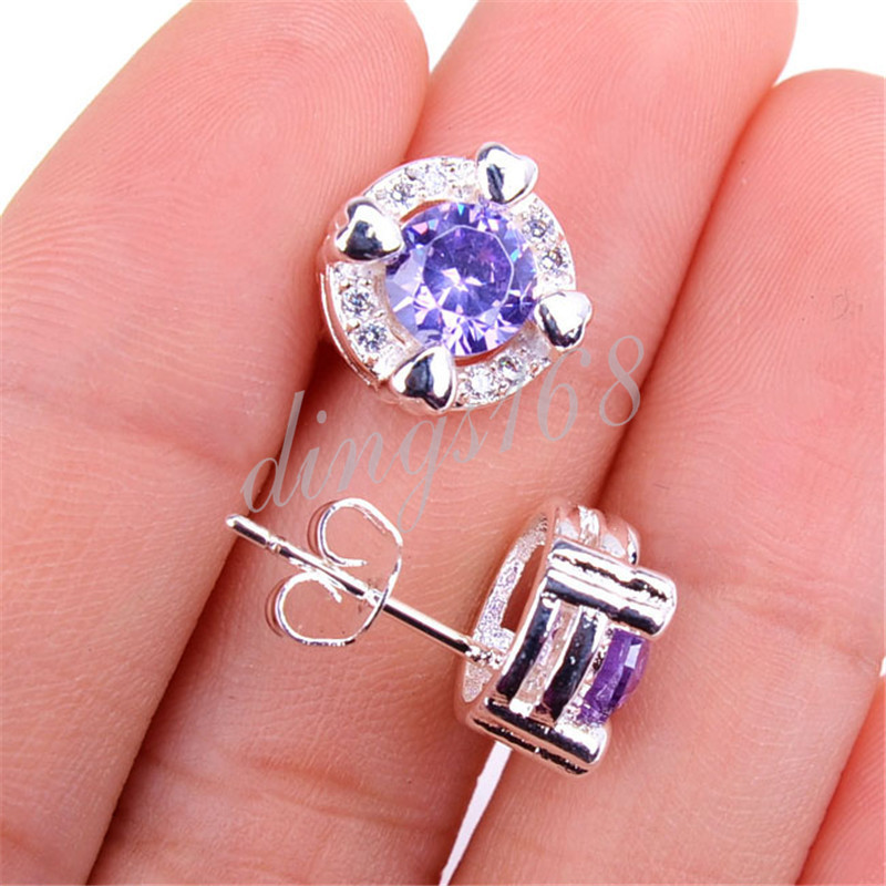 Designer Inspired 925 Sterling Silver 4-Heart Purple Crystal Stud Earrings A874