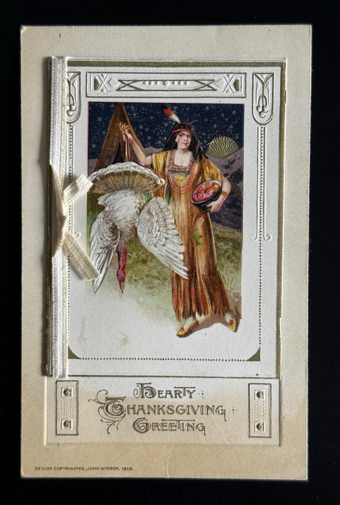 1913 Winsch Thanksgiving Booklet Postcard Embossed Ribbon Native Woman Turkey