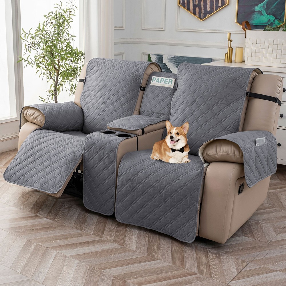 100% waterproof recliner cover double with center console, strap design，