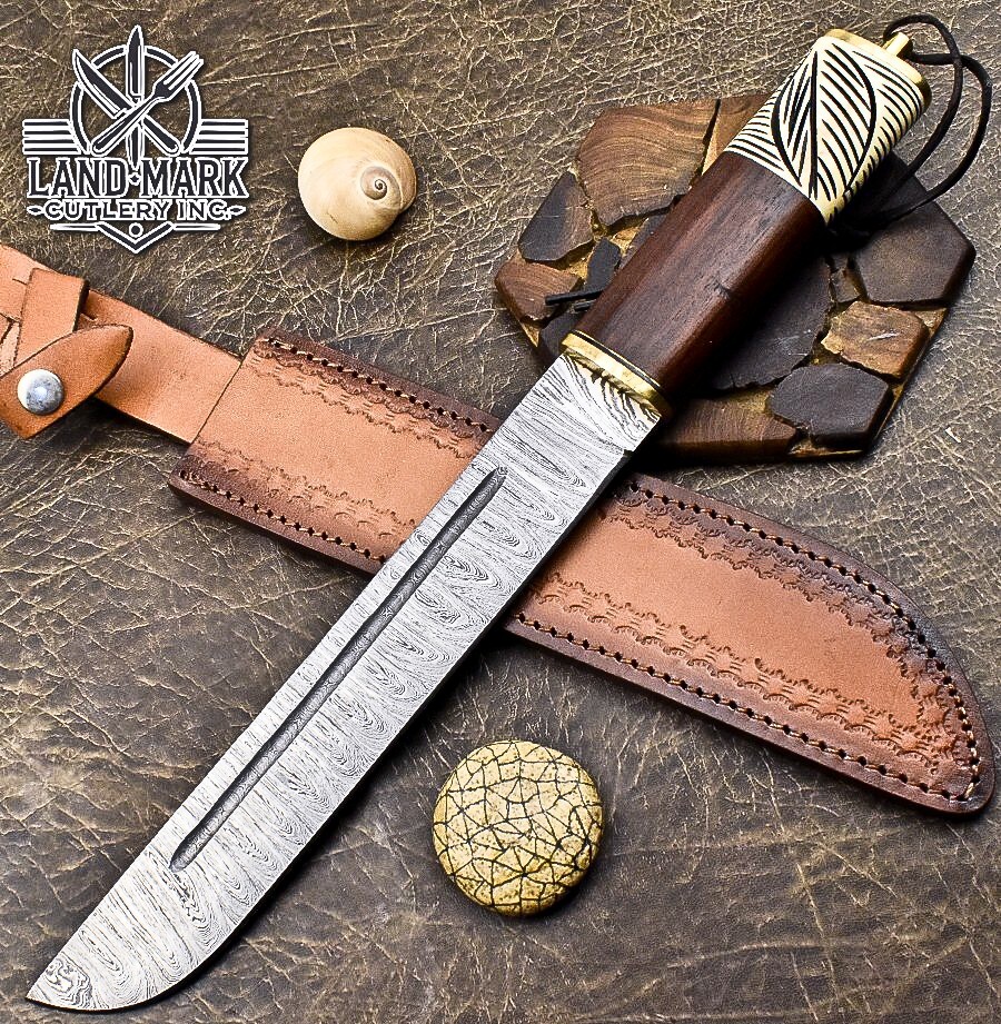 Handmade Damascus Steel Hunting Bowie Knife with Rosewood and Bone Clip Handle  