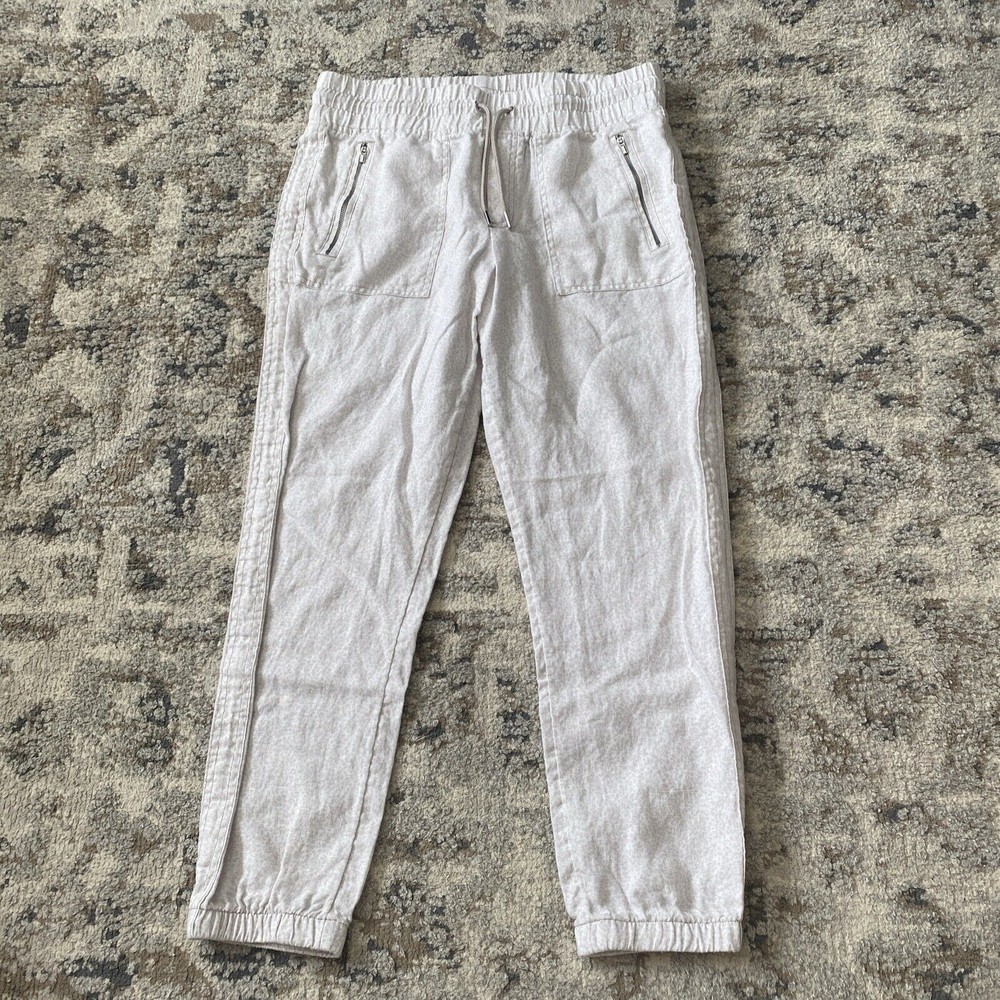 Athleta Womens Cabo Linen Jogger Pants Sz 10 Ivory Spotted Lightweight Pull On