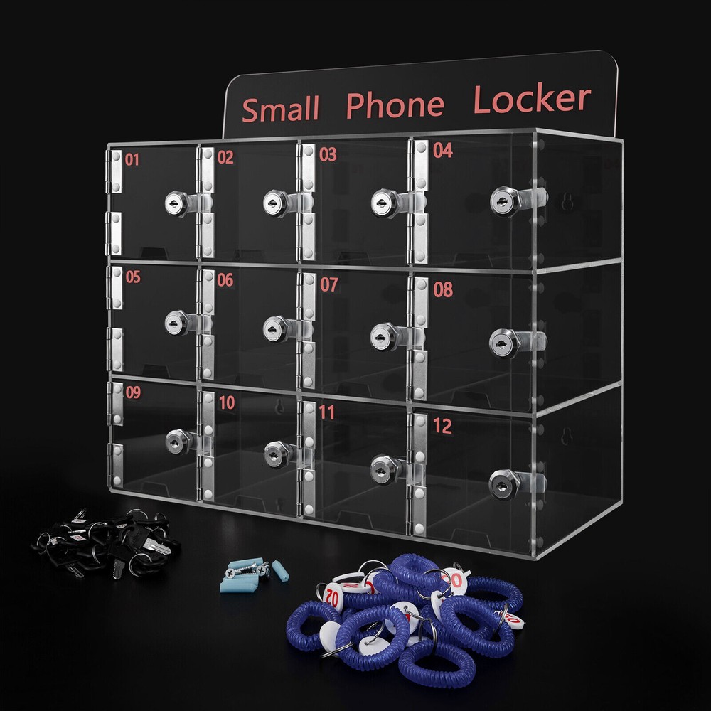 12 Slots Clear Acrylic Cell Phone Locker Box Storage Cabinet Pocket w/ Keys&Coil