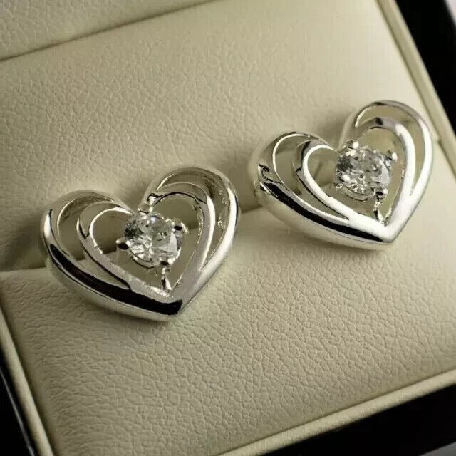 1 Ct Heart Round Cut Simulated Diamond Valentine's  Stud 14k White Gold Plated