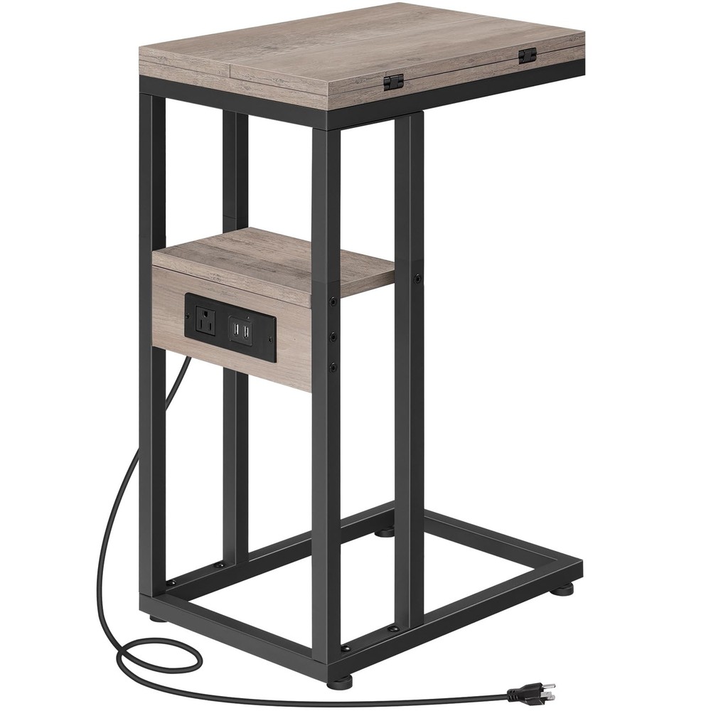 Foldable C-Shaped End Table with Charging Station in Greige and Black
