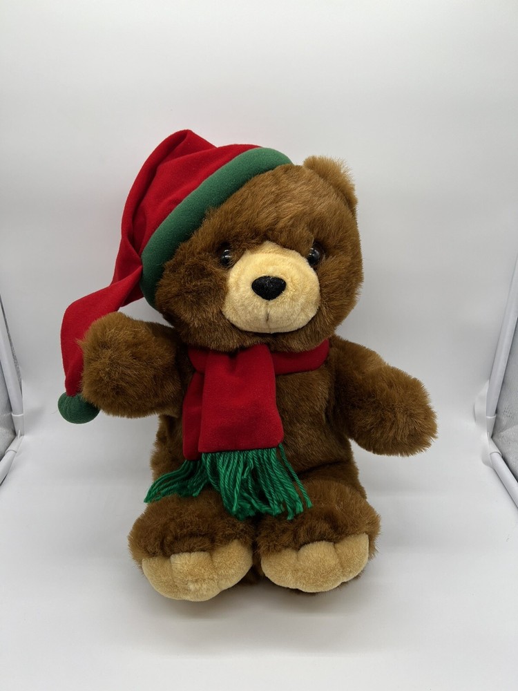 VTG 1989 Kids of America Christmas Brown Red Green Teddy Bear Scarf Hat Plush