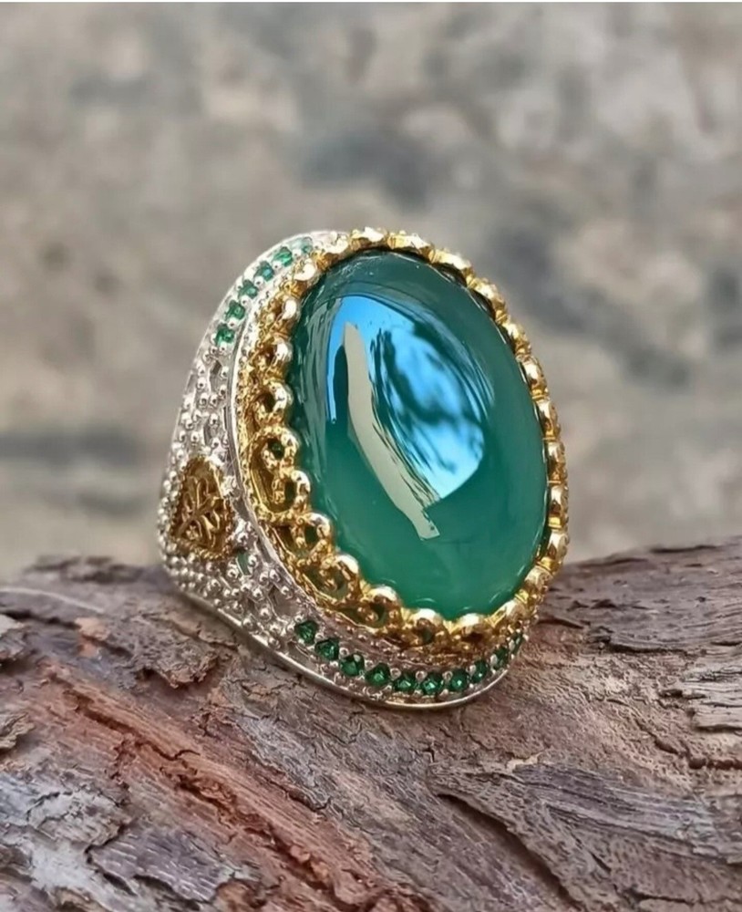 Natural Yemeni Aqeeq Ring For Men Natural Green Agate Carnelian 925 silver ring