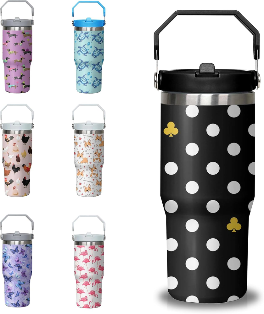 30oz Polka Dot Insulated Stainless Steel Tumbler w/Handle & Flip Straw
