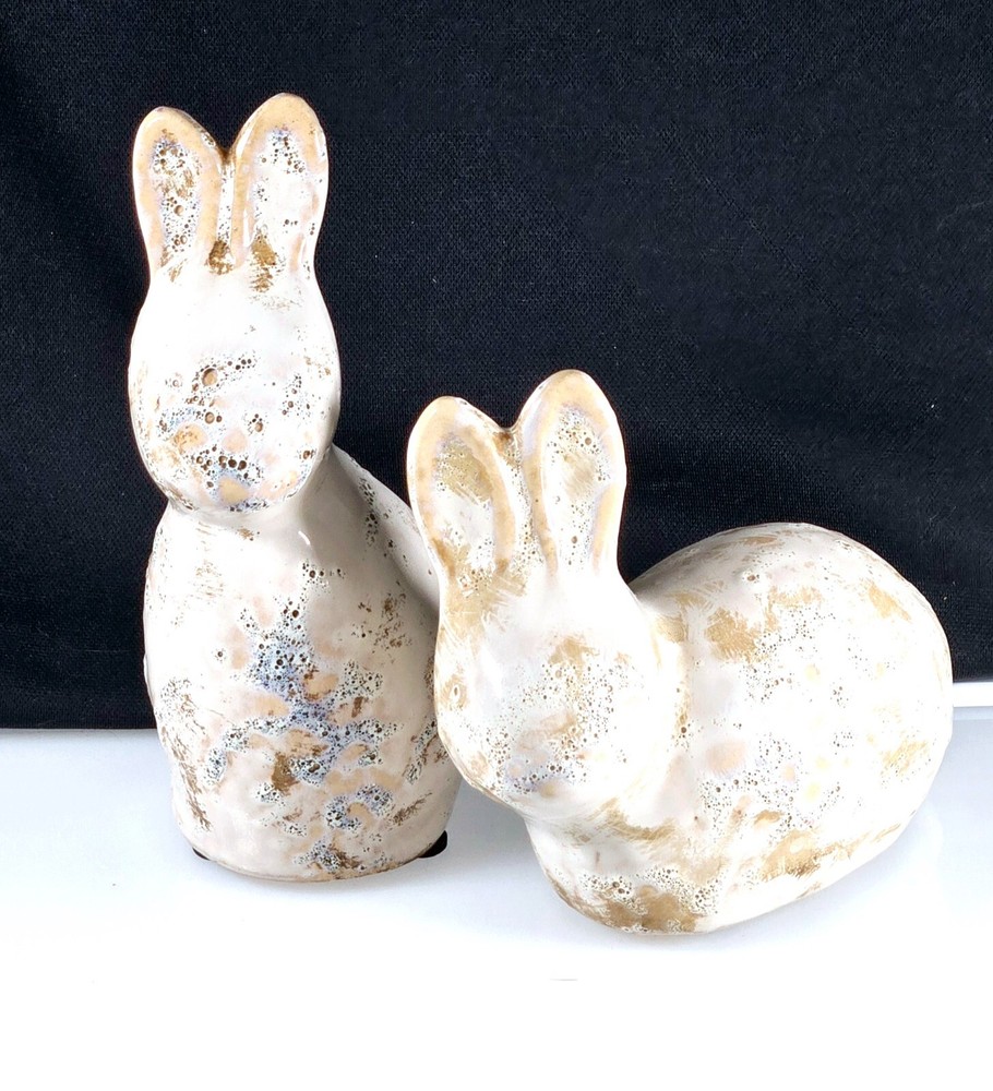 Set of 2 Art Pottery Glazed Rustic Ceramic Bunnies - 7.25