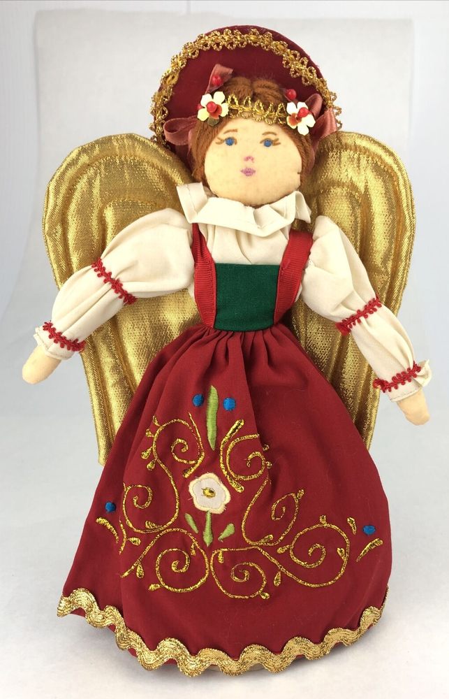 Christmas Angel Tree Topper House of Hatten Flowers Red Dress Dutch Girl Vintage