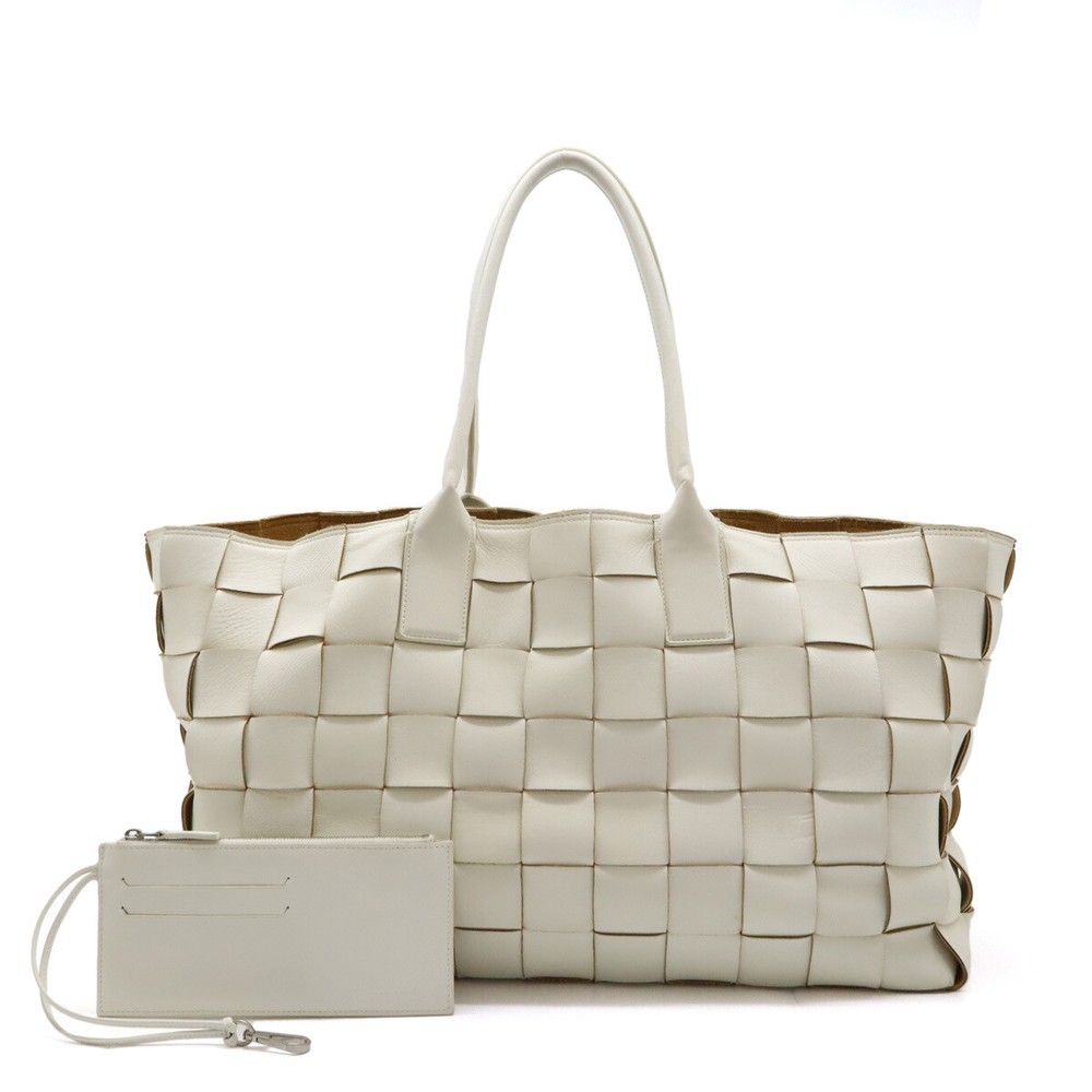 Bottega Veneta White Leather Intrecciato Cabas Tote with Pouch 963937