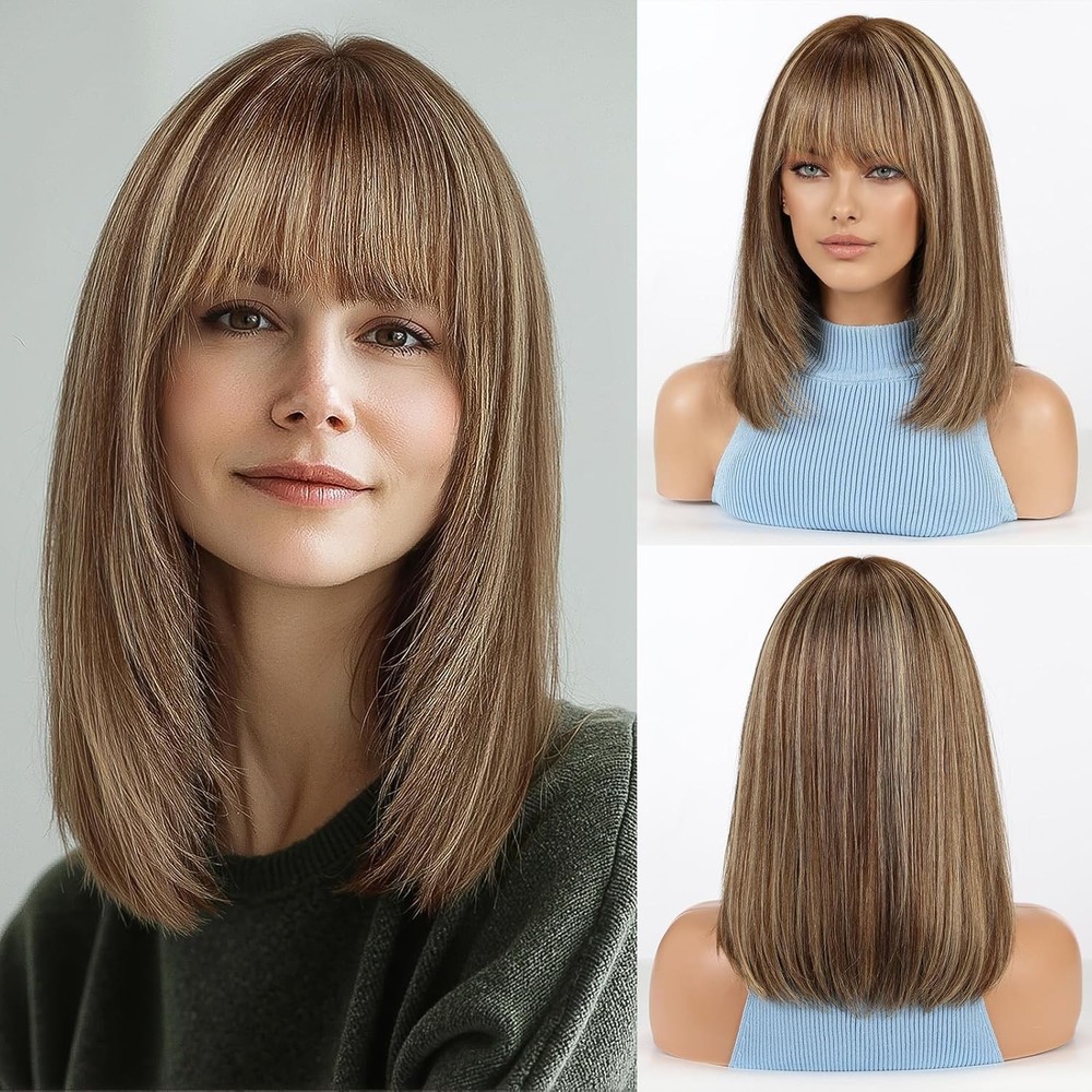 Highlight Brown Straight Bob Wig With Bangs 13x4 Lace Front 100% Human Hair Wig