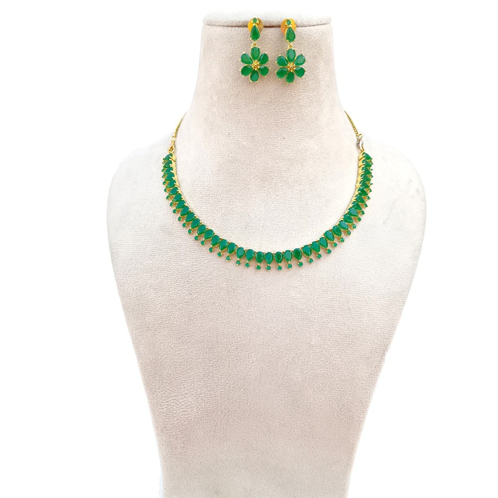 Green Stone Necklace Earring Set Gold Plated Indian Bridal Wedding Jewelry