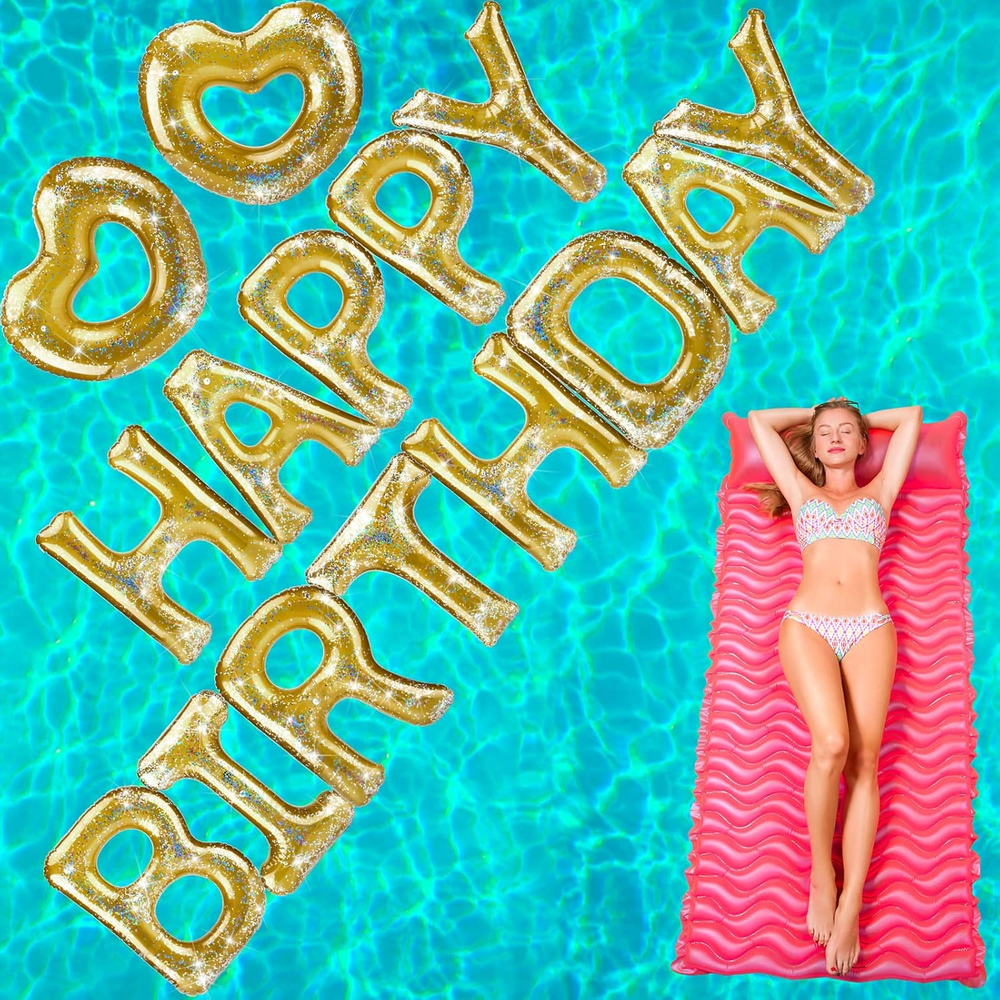 15-Piece Inflatable Happy Birthday Pool Float Set with Heart & Letters for Pool Parties  