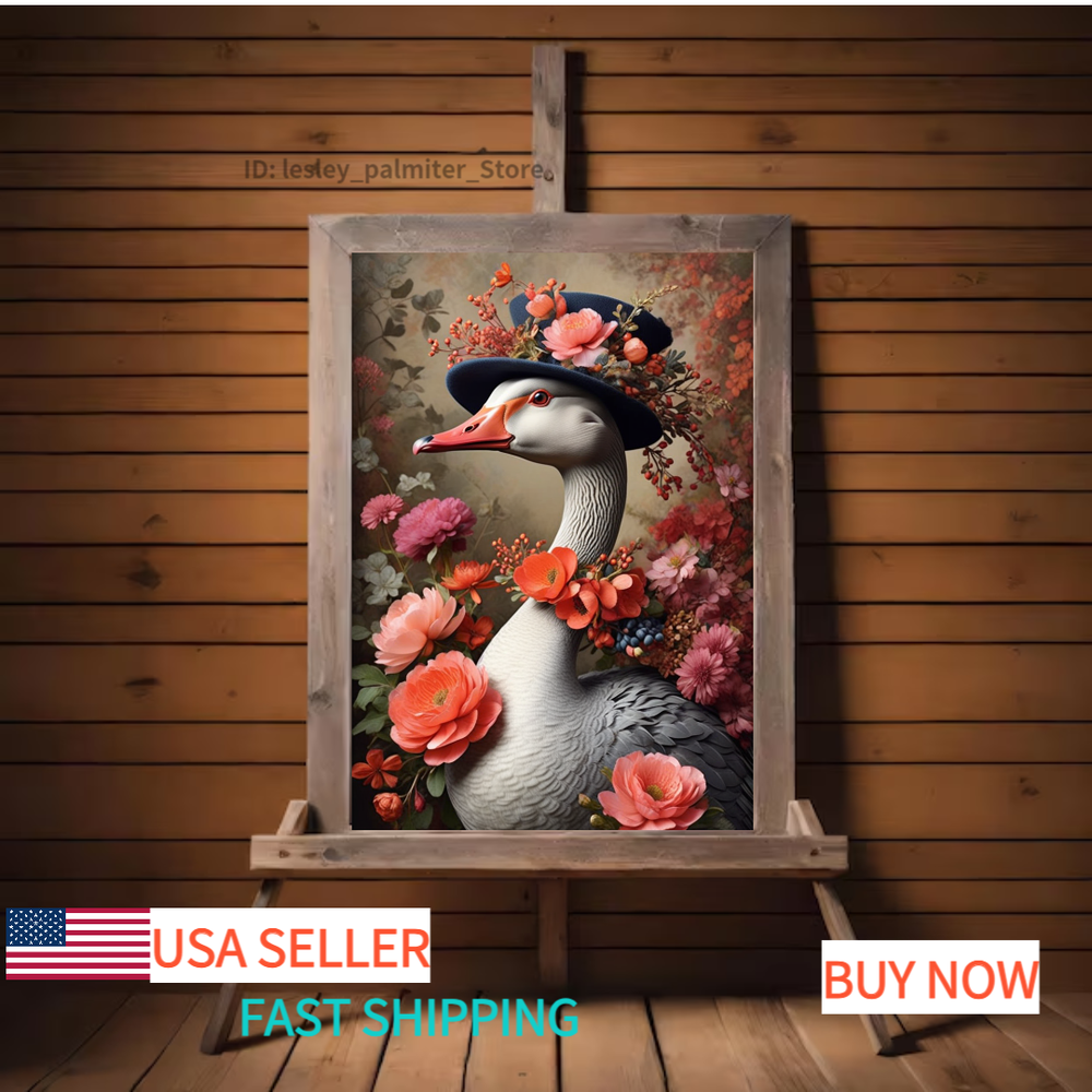 Victorian Goose in Flowers Hat Wall Art,Elegant Floral Bird Print Animal Fashion