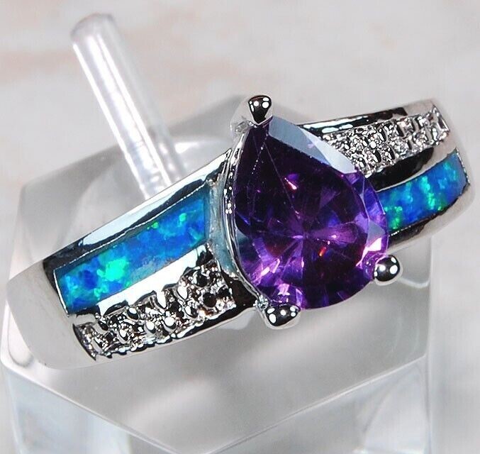 1CT Amethyst & Australian Opal Inlay 925 Solid Sterling Silver Ring Sz 6 AB7