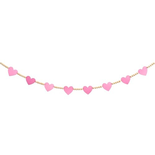 Sweet Pink Felt and Wood Bead Valentine's Day Heart Garland