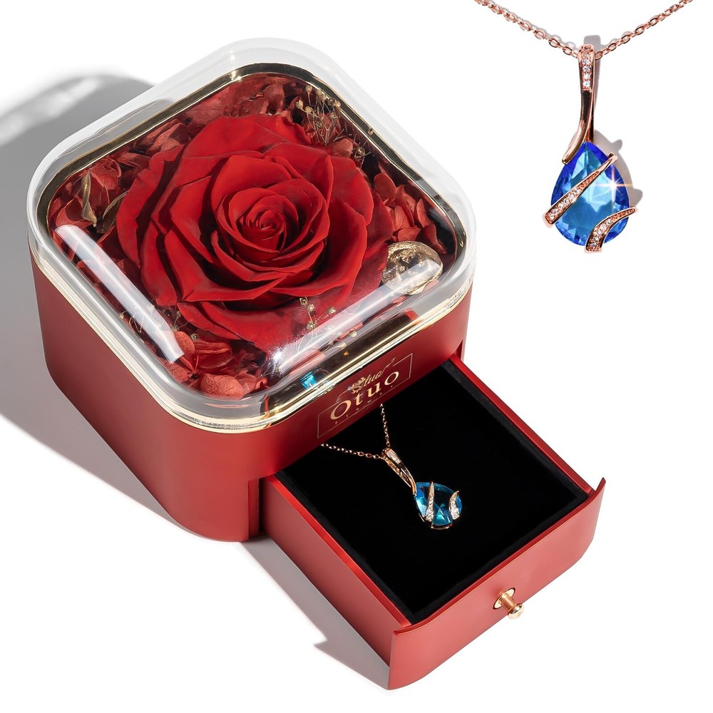 Preserved Roses Gift Jewerlry Box, Real Eternal Rose Flower with Necklace, Gi...