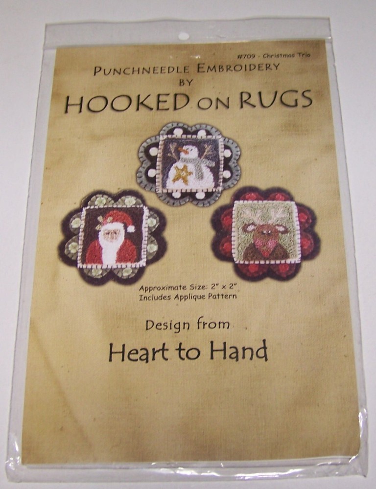 Punchneedle Christmas Trio Ornament Embroidery Patterns with Printed Fabric  