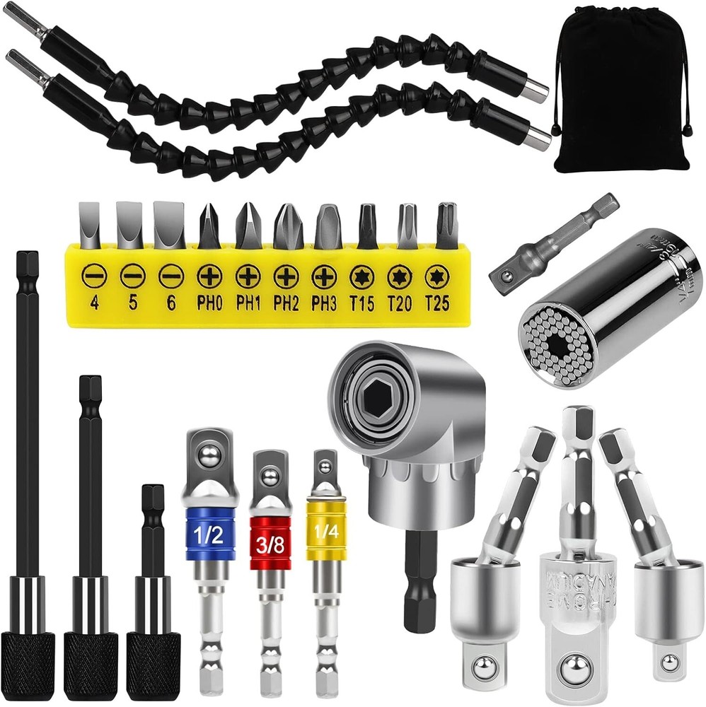 24pc Flexible Drill Bit Extension Set with Hex Shank and 105° Right Angle Attachment
