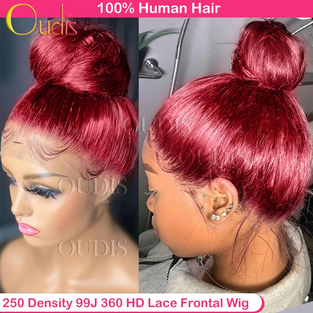 250 Density HD Burgundy Red Straight 360 Full Lace Front Glueless Wig Human Hair