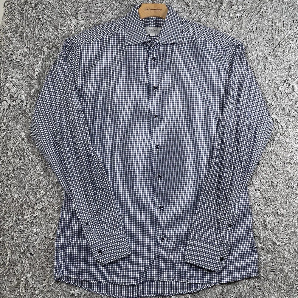 Eton Dress Shirt Men’s Size XL Slim Fit Checkered Blue 43-17 Long Sleeve Preppy