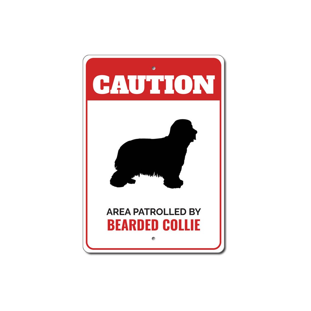 Patrolled By Bearded Collie Caution Metal Sign Kennel Breed Canine K9 Paw Animal