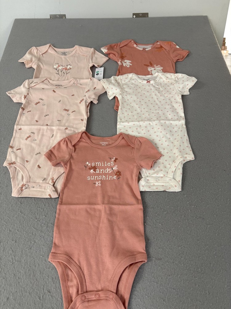 Carter's Bodysuits Girls 24 Months Pink Peach Floral 5-Pack Short Sleeve Snap