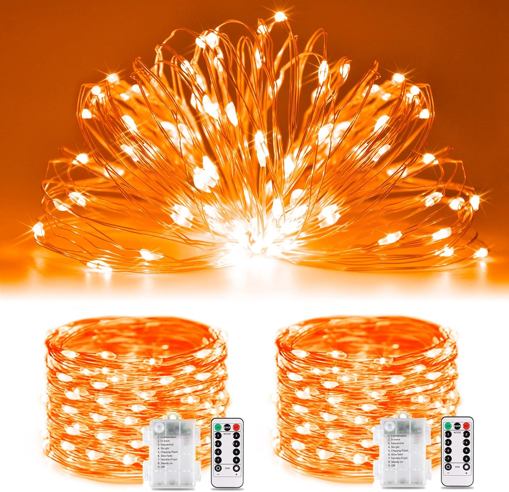 2 Pack 200 LED 66Ft Orange Halloween Fairy Lights Battery Operated