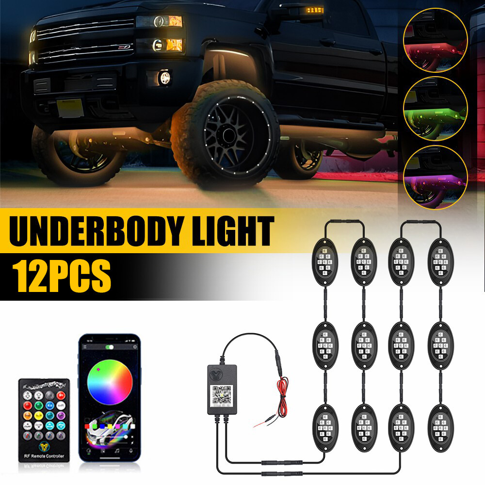 12Pods RGB LED Rock Lights Kit Underbody Neon Light Bluetooth App Remote Control