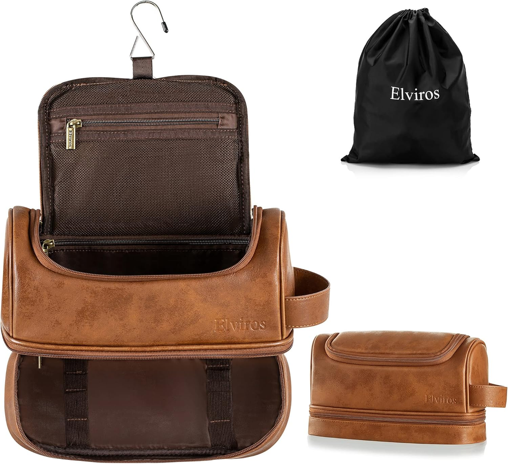 Elviros Mens PU Leather Hanging Toiletry Bag Travel Organizer Kit