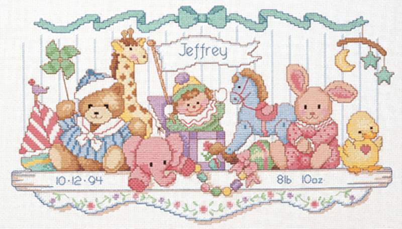 1992 Toy Shelf Birth Record Cross Stitch Kit 16x9 14 Dimensions New