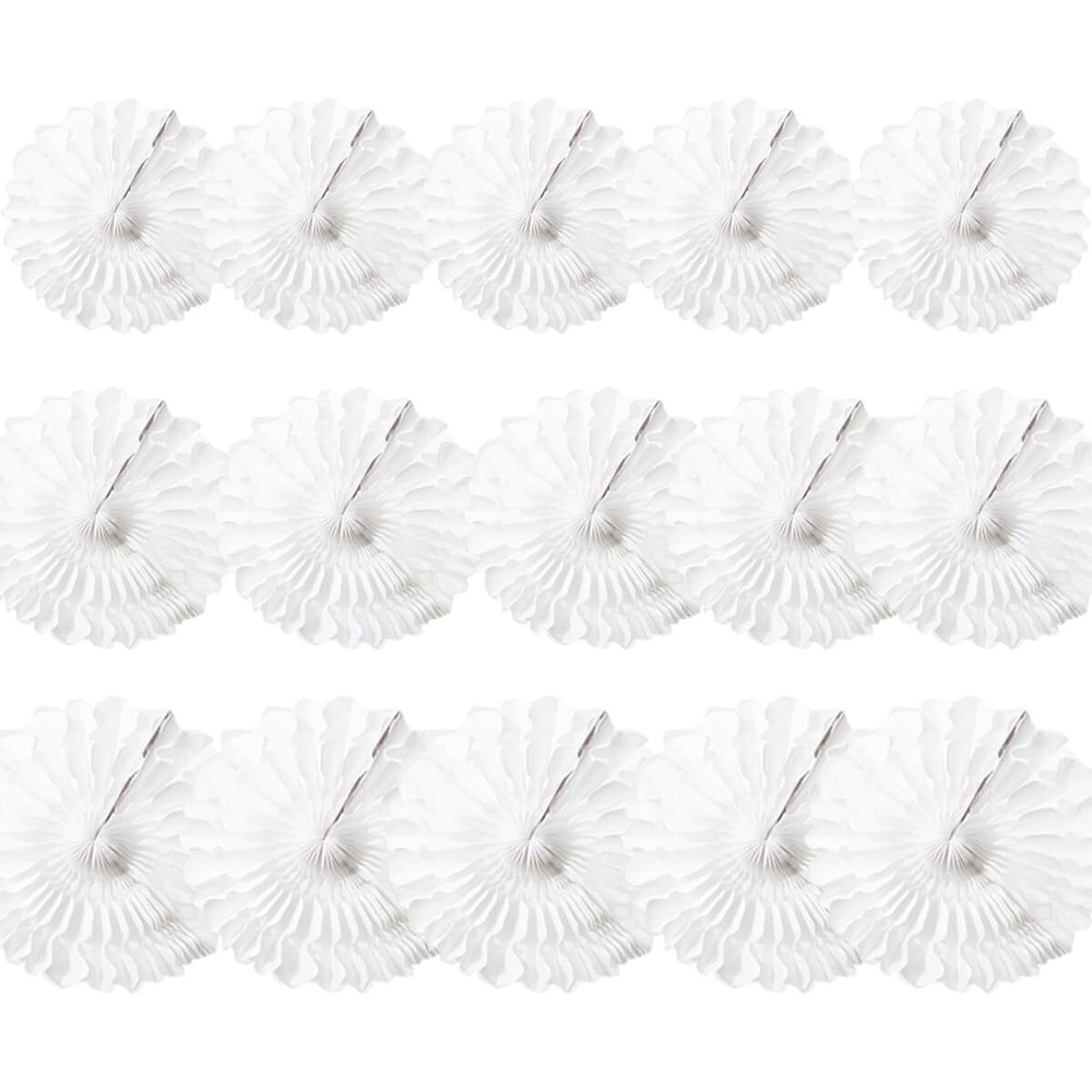 White Honeycomb Paper Fan Decorations 6-15 inch 15-Pack