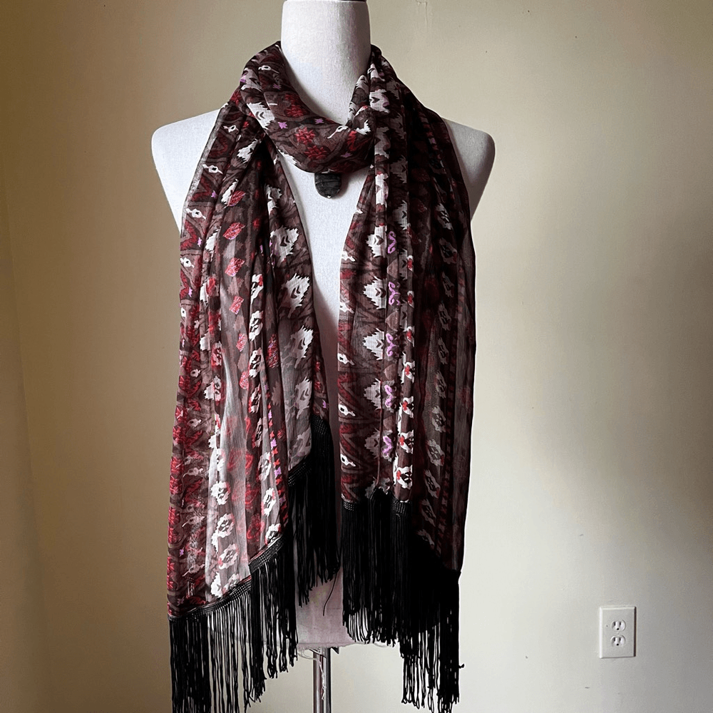 Long Sheer Scarf with Shaggy Fringe Abstract Print in Boho Dark Fairy Purple Black