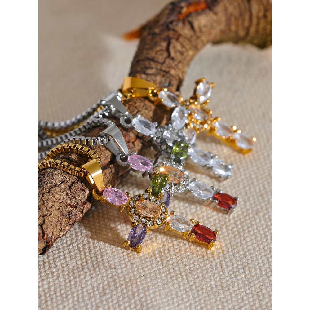 Delicate Colorful Bling Cubic Zirconia Cross Pendant Stainless Steel Luxury Neck