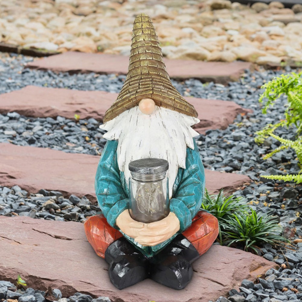 Garden Gnome, Sitting Solar Garden Statue, LED Firefly Jar, Outdoor Garden De...