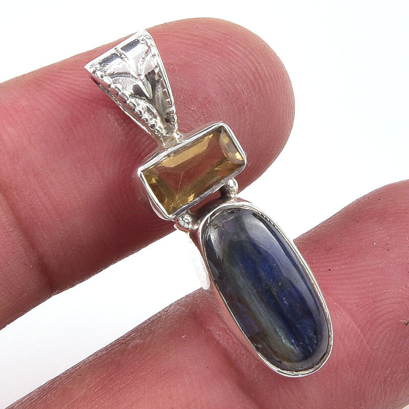 Natural Kyanite Citrine Gemstone 925 Sterling Silver Pendant 1.25 Inch