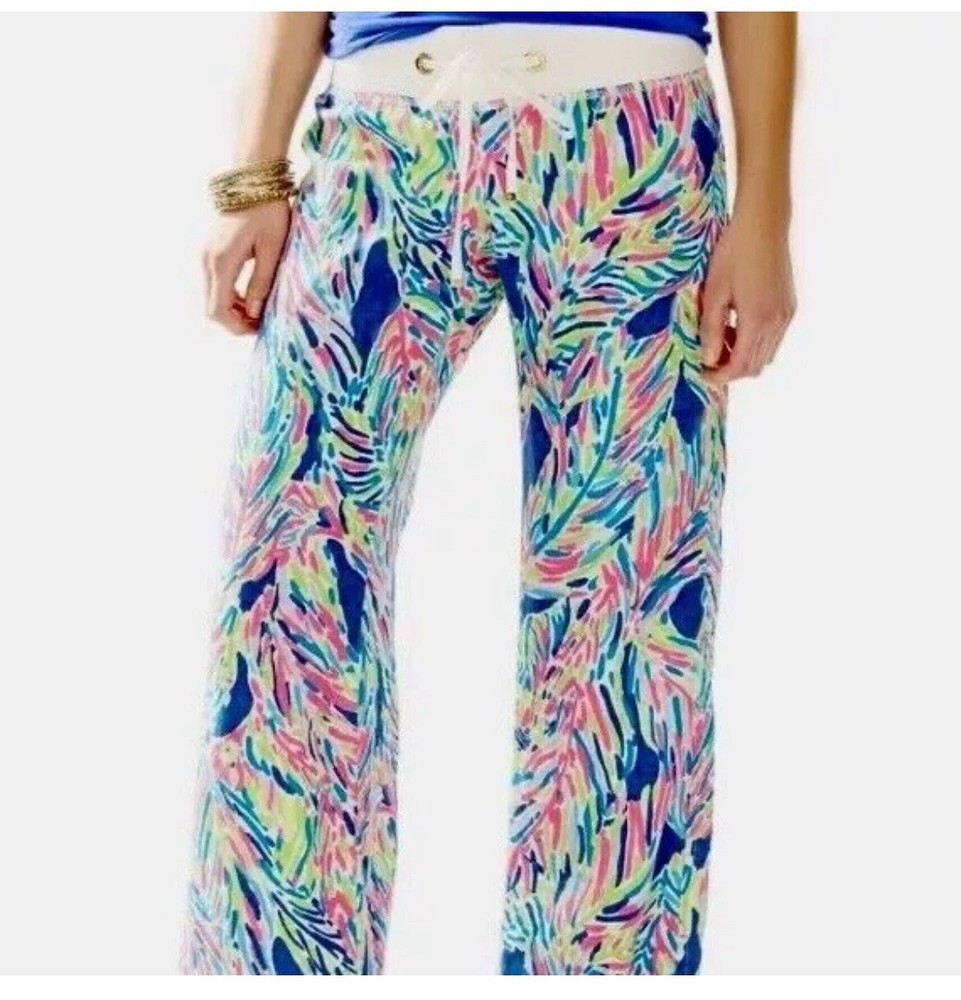 Lilly Pulitzer Linen Wide Leg Beach Pant Size M Indigo Palm Reader Print