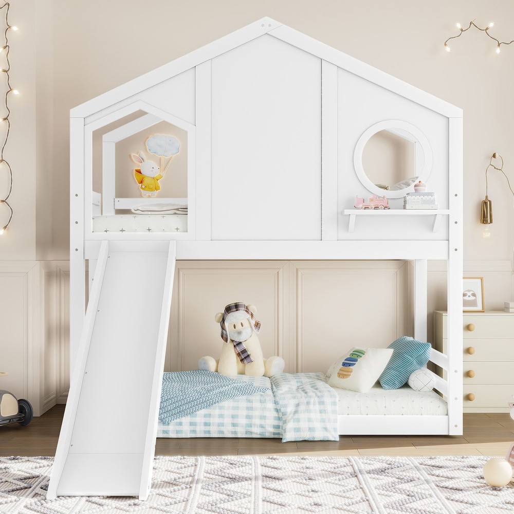 Twin House Bunk Bed w/Slide & Storage Shelves,Wood House Loft Bed w/Window White