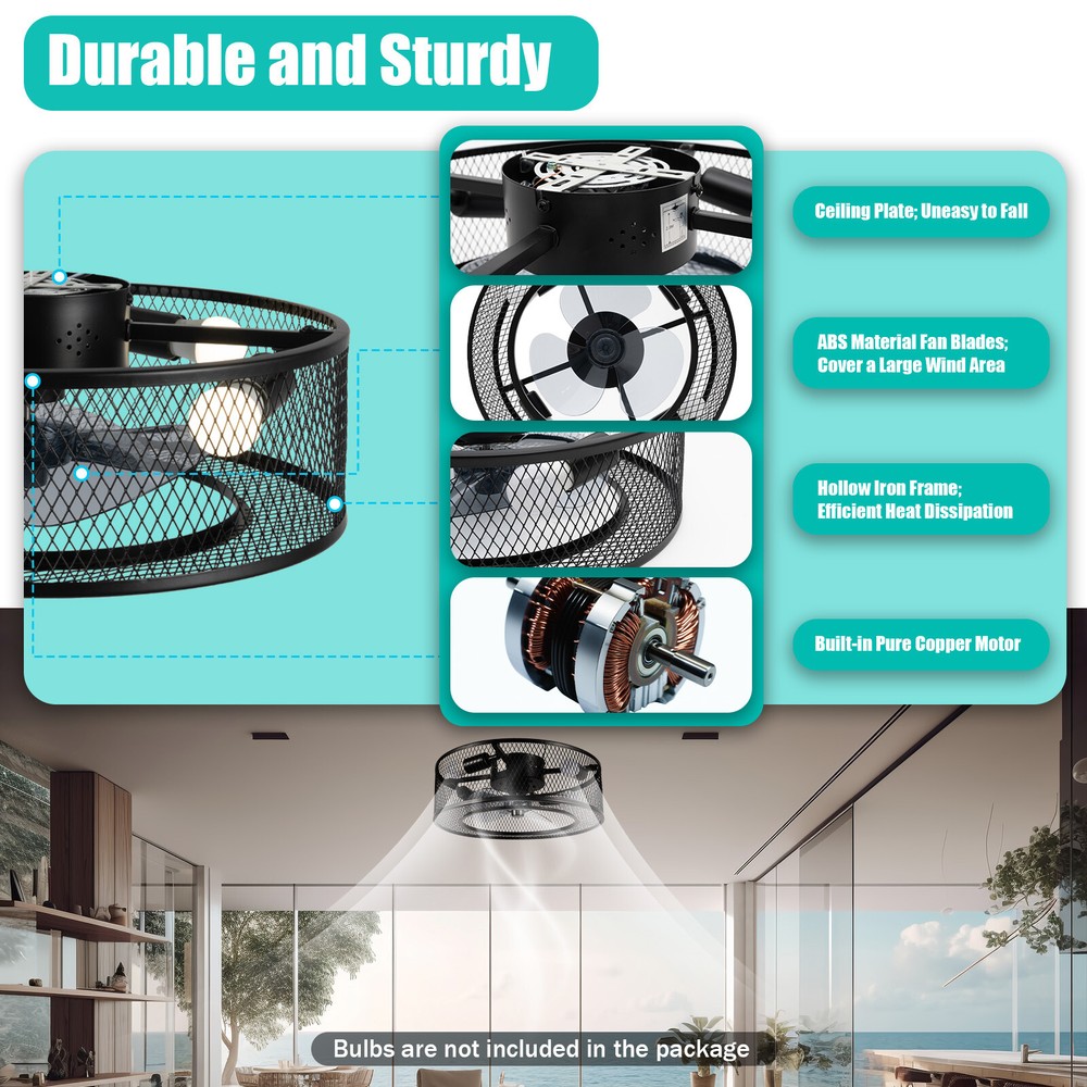 Modern LED Ceiling Fan Light Semi Flush Mount Caged Fan Lamp with Remote Control