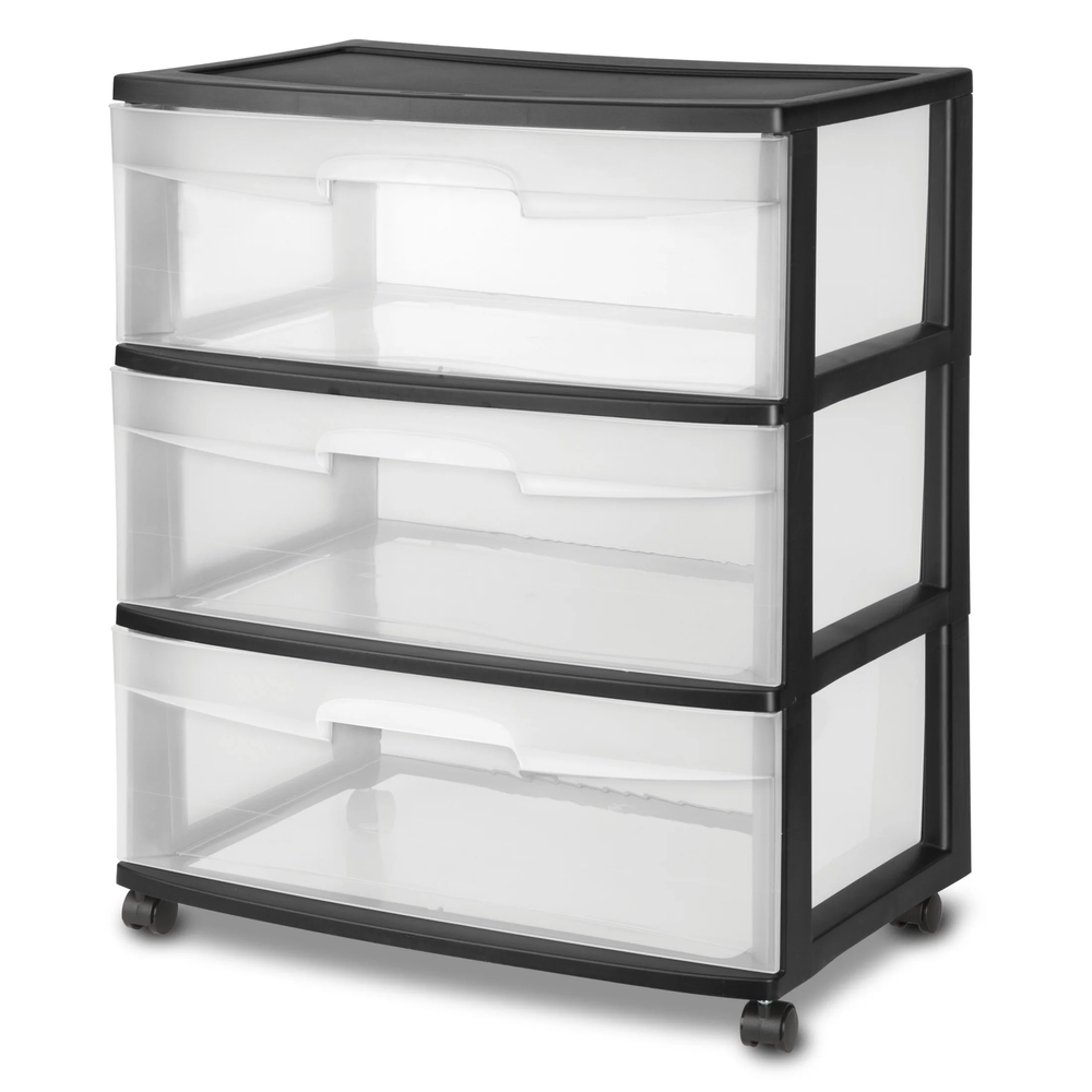 Wide 3 Drawer Cart, Clear Plastic Storage Drawers, Wheels Included, Black