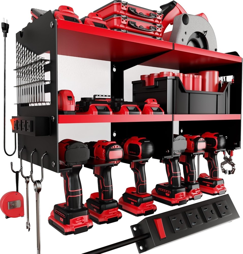 Power Tool Organizer with Charging Station 6 Drill Holders Wall Mount Heavy Du